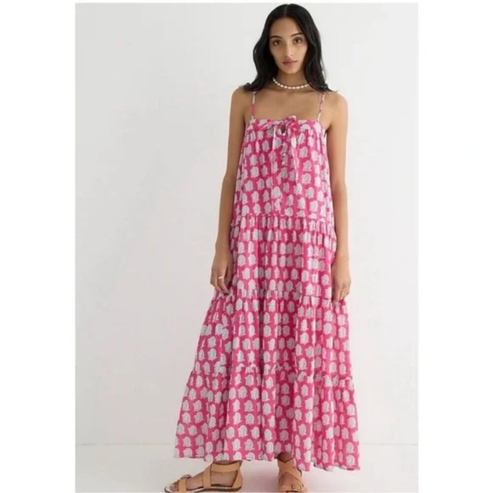 J. Crew x SZ Blockprints™ Tie Front Tiered Maxi Dess Pink Paisley M